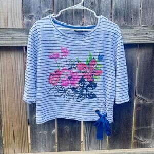 Onque Casual Petite‎ Large Blue White Striped Floral 3/4 Sleeve Tie Hem OLDSTOCK